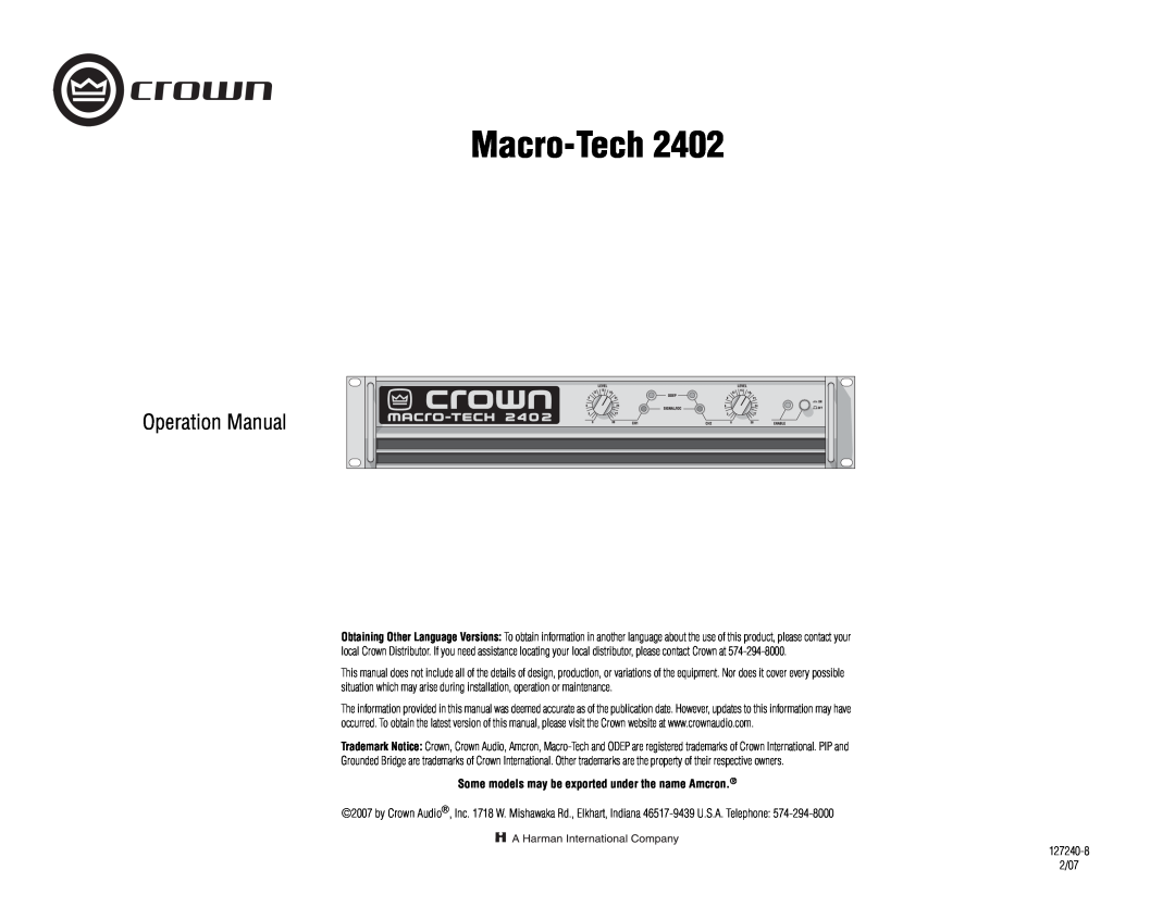 Crown Audio MA-2402 operation manual Macro-Tech, Some models may be exported under the name Amcron 