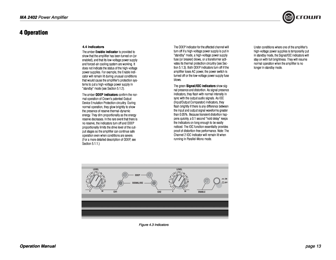Crown Audio MA-2402 operation manual MA 2402 Power Amplifier, Operation Manual, page, 3 Indicators 