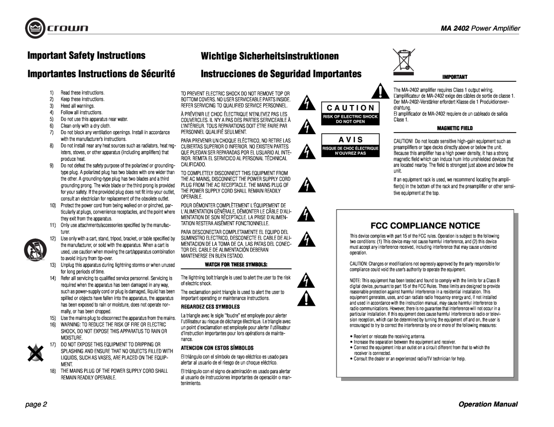 Crown Audio MA-2402 Important Safety Instructions, Instrucciones de Seguridad Importantes, Fcc Compliance Notice, page 