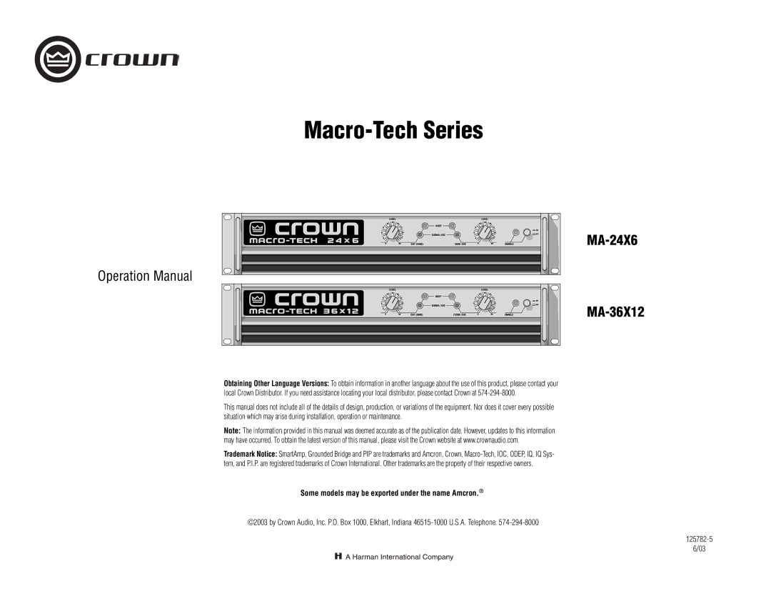 Crown Audio MA-36X12 operation manual MA-24X6, Some models may be exported under the name Amcron 