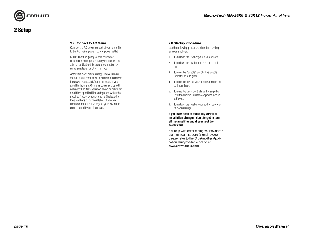 Crown Audio MA-24X6 Connect to AC Mains, Startup Procedure, Turn up the level of your audio source to an optimum level 