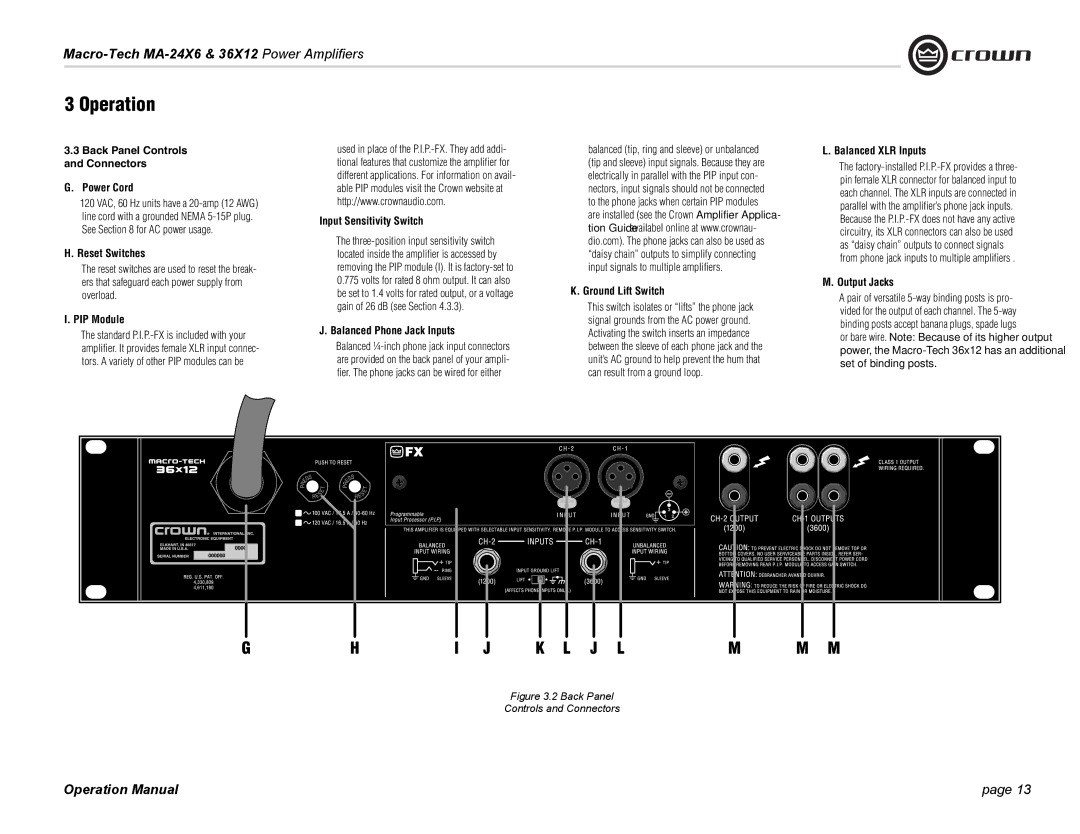 Crown Audio MA-36X12, MA-24X6 Power Cord, Reset Switches, PIP Module, Input Sensitivity Switch, Balanced Phone Jack Inputs 