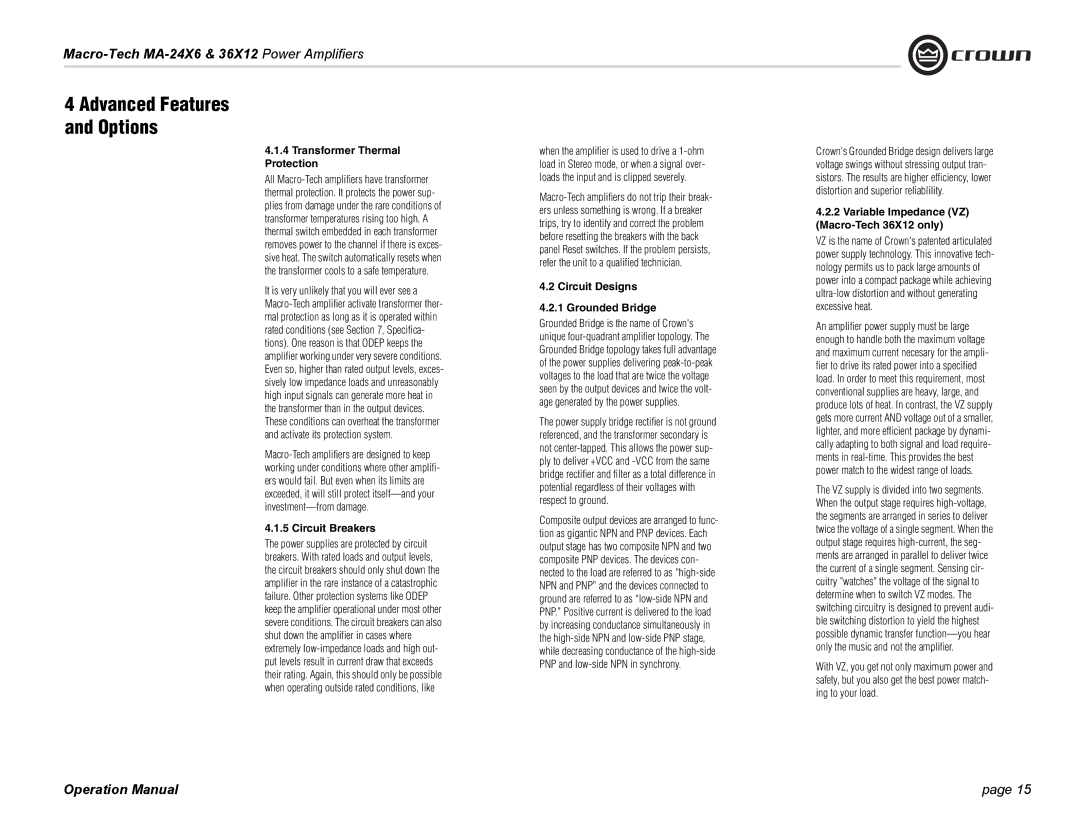 Crown Audio MA-36X12, MA-24X6 Transformer Thermal Protection, Circuit Breakers, Circuit Designs Grounded Bridge 