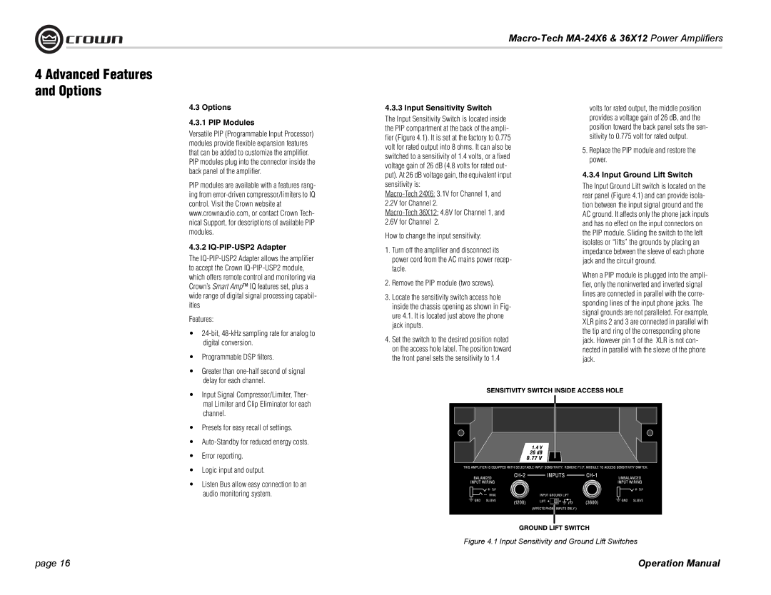 Crown Audio MA-24X6, MA-36X12 Options PIP Modules, IQ-PIP-USP2 Adapter, Replace the PIP module and restore the power 