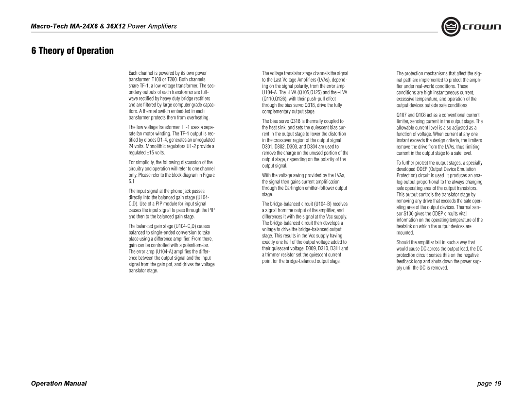 Crown Audio MA-36X12, MA-24X6 operation manual Theory of Operation 