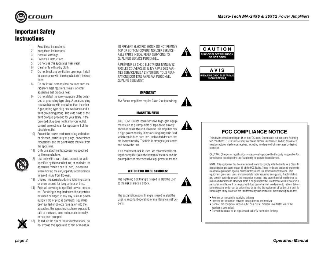 Crown Audio MA-24X6, MA-36X12 operation manual Important Safety Instructions, Use only with a cart, stand, bracket, or table 