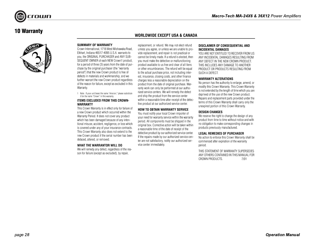 Crown Audio MA-24X6, MA-36X12 operation manual Worldwide Except USA & Canada 