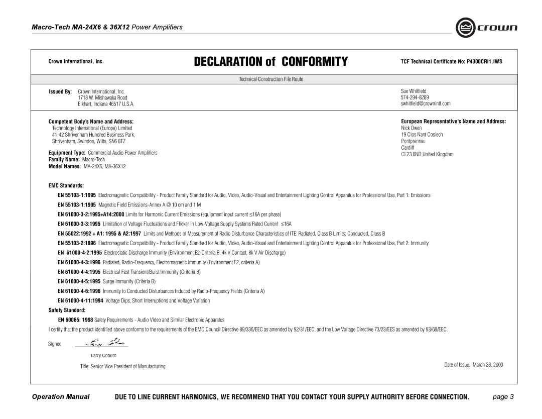 Crown Audio MA-36X12, MA-24X6 Crown International, Inc, TCF Technical Certificate No P4300CRI1.IWS, Family Name Macro-Tech 