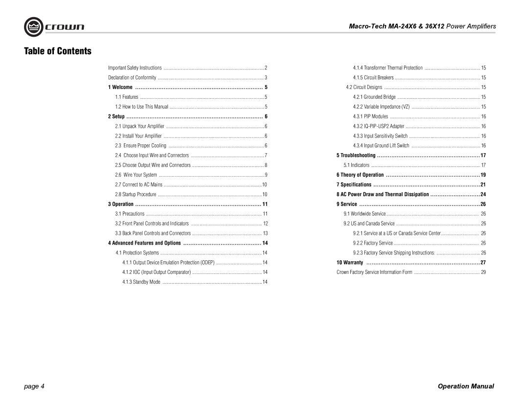 Crown Audio MA-24X6, MA-36X12 operation manual Table of Contents 