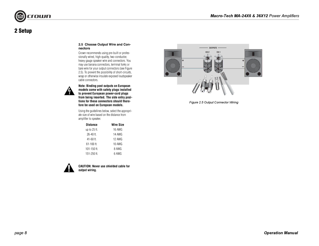 Crown Audio MA-24X6, MA-36X12 operation manual Choose Output Wire and Con- nectors, Distance Wire Size 