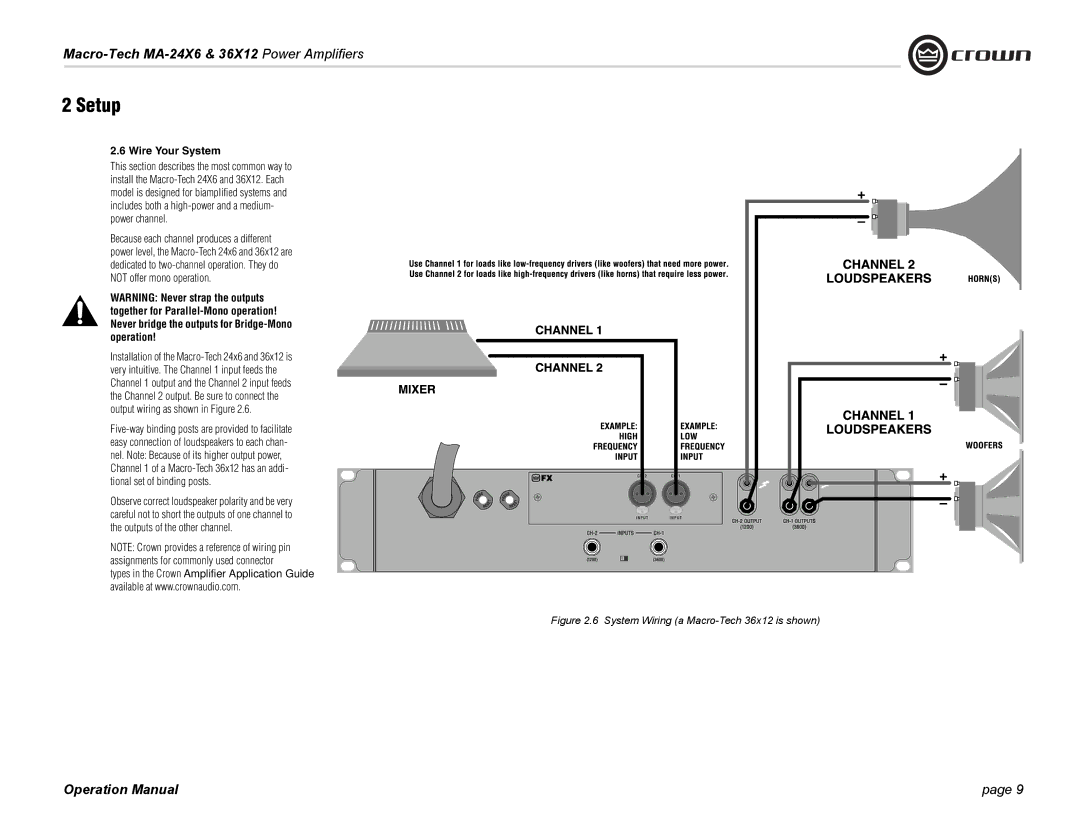 Crown Audio MA-36X12, MA-24X6 operation manual Wire Your System, System Wiring a Macro-Tech 36x12 is shown 