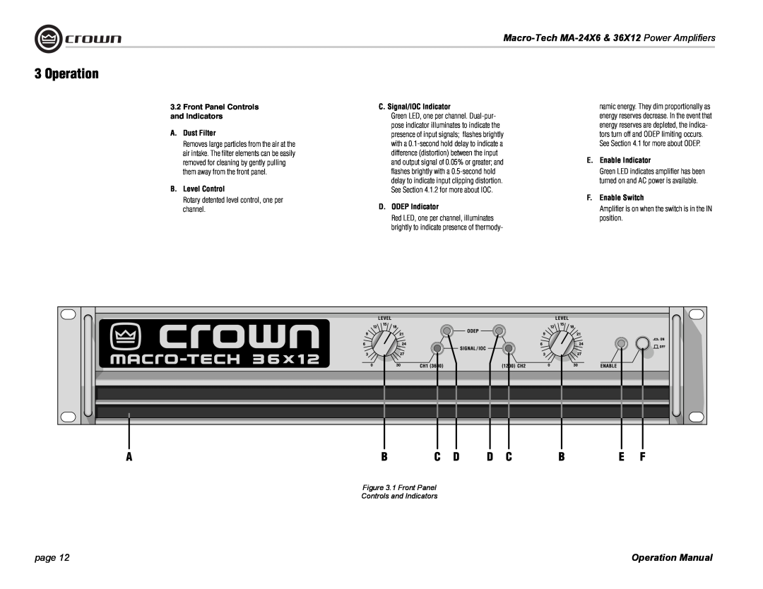 Crown Audio MA-24X6 Front Panel Controls and Indicators A. Dust Filter, B. Level Control, C. Signal/IOC Indicator, page 