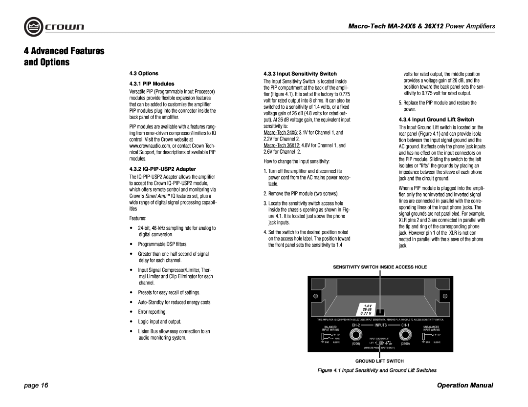 Crown Audio MA-24X6 Options 4.3.1 PIP Modules, IQ-PIP-USP2 Adapter, Input Sensitivity Switch, Input Ground Lift Switch 