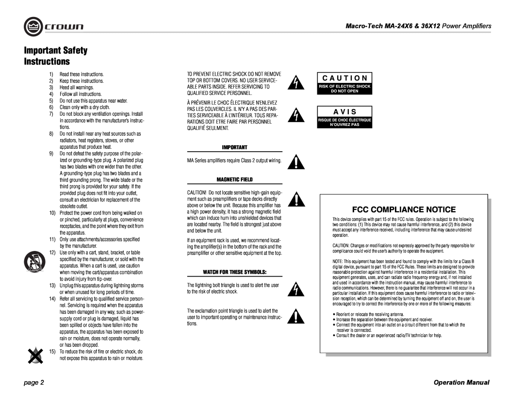 Crown Audio Important Safety Instructions, Macro-Tech MA-24X6 & 36X12 Power Amplifiers, page, Operation Manual 