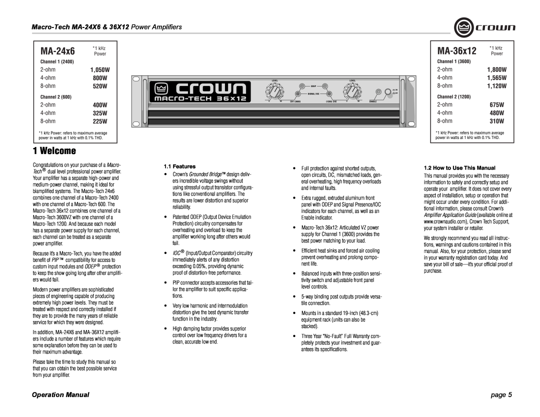 Crown Audio MA-36X12 Welcome, Features, How to Use This Manual, Macro-Tech MA-24X6 & 36X12 Power Amplifiers, page 