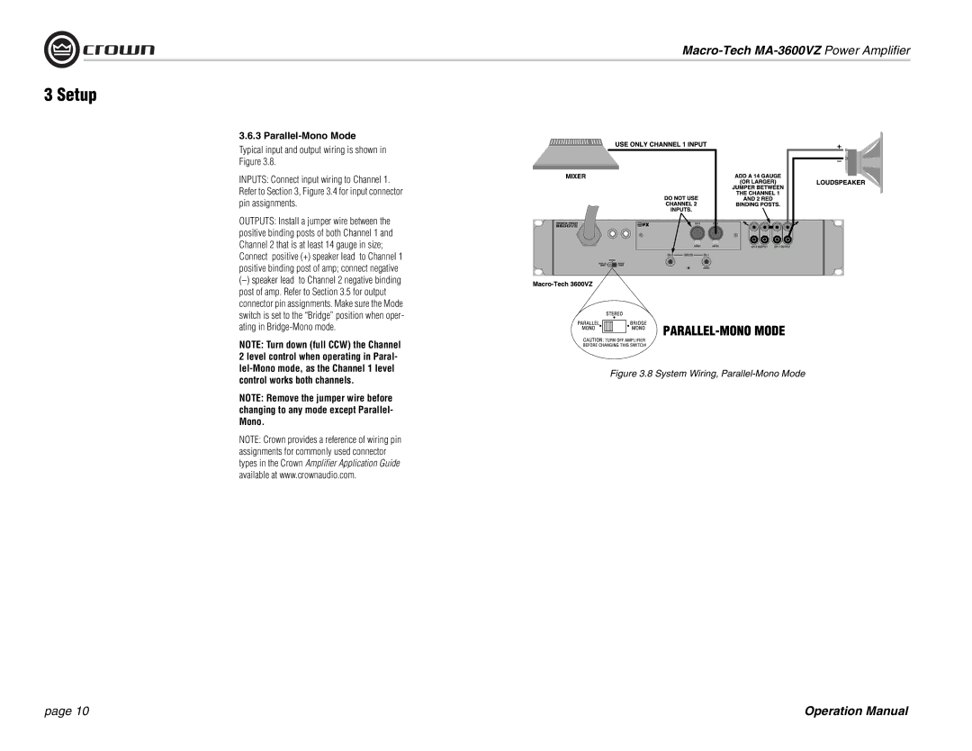 Crown Audio MA-3600VZ operation manual Parallel-Mono Mode, Control works both channels 