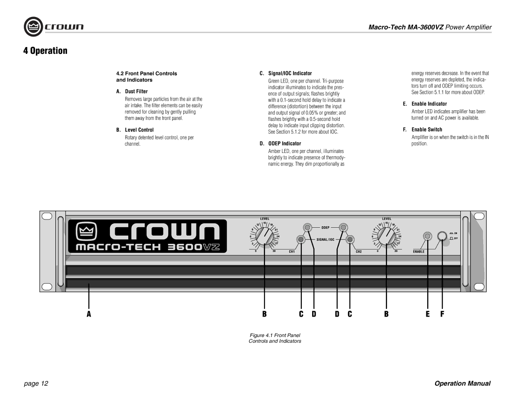 Crown Audio MA-3600VZ Front Panel Controls Indicators Dust Filter, Level Control Signal/IOC Indicator, Enable Indicator 