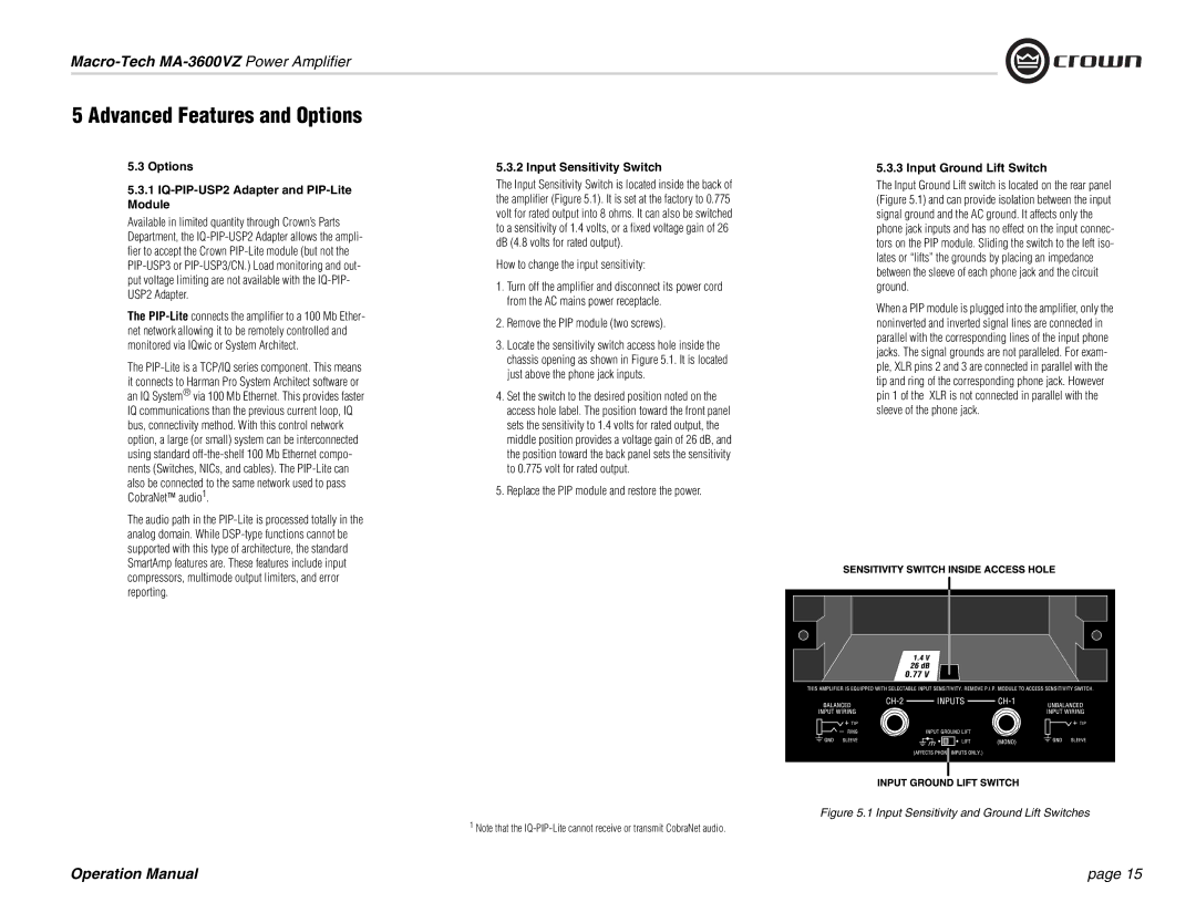 Crown Audio MA-3600VZ operation manual Advanced Features and Options, Options IQ-PIP-USP2 Adapter and PIP-Lite Module 