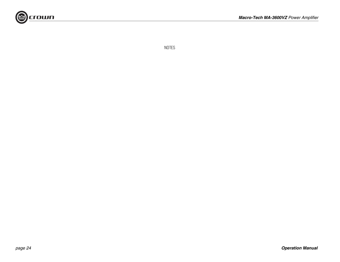 Crown Audio operation manual Macro-Tech MA-3600VZ Power Amplifier 