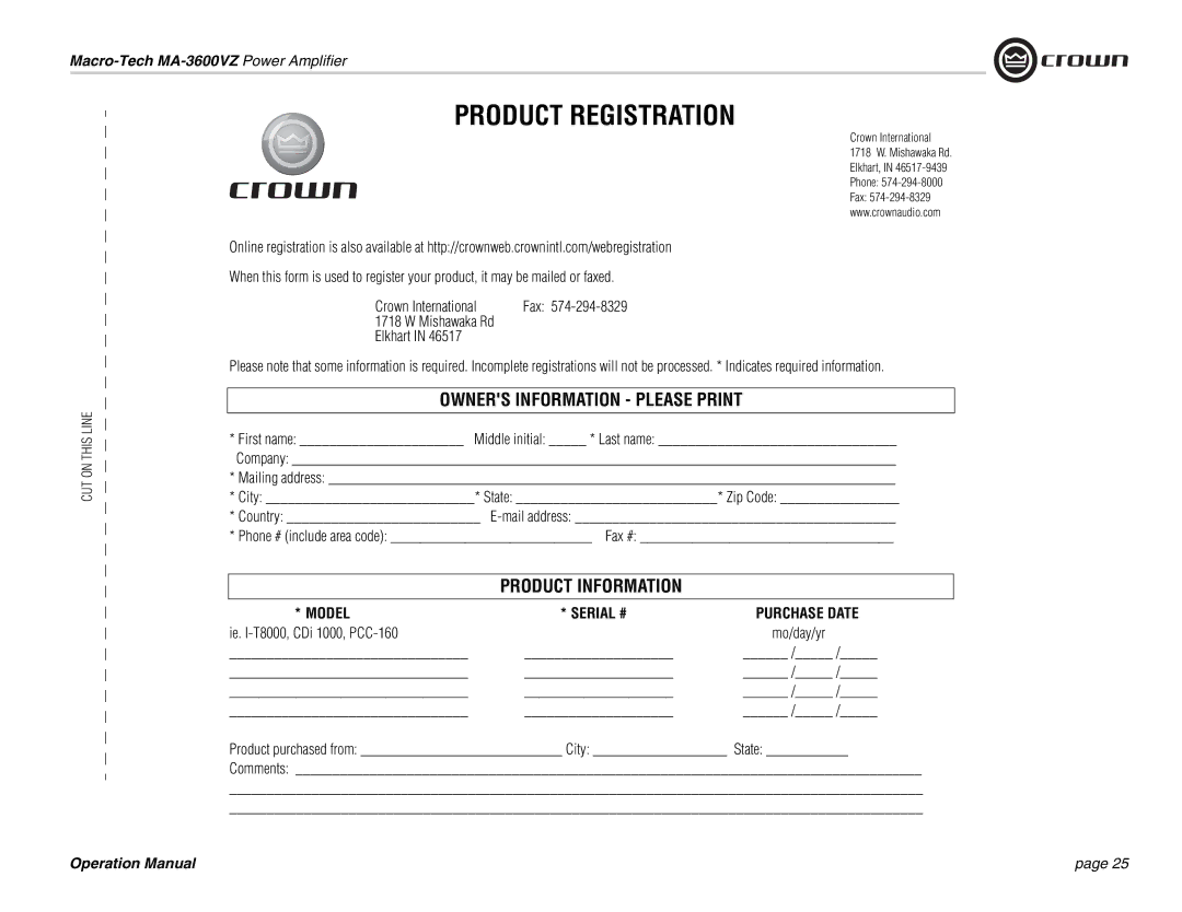 Crown Audio MA-3600VZ operation manual Product Registration 