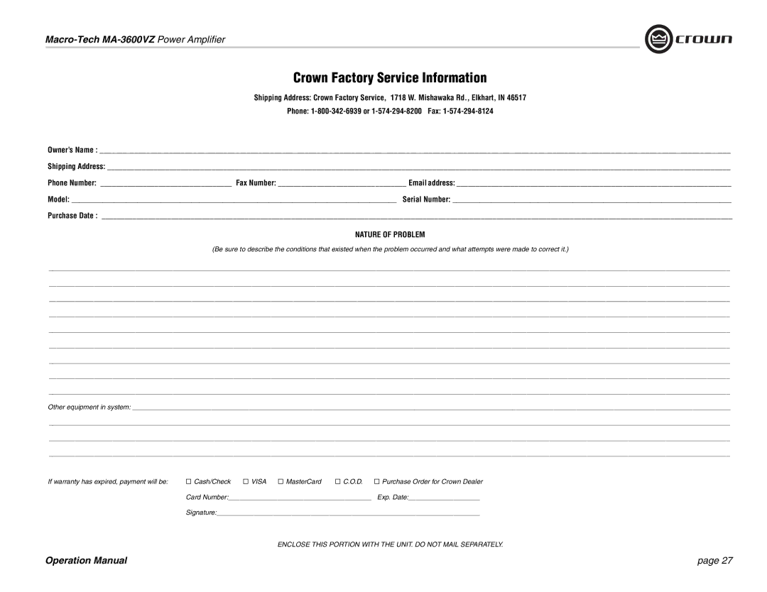 Crown Audio MA-3600VZ operation manual Crown Factory Service Information, Nature of Problem 