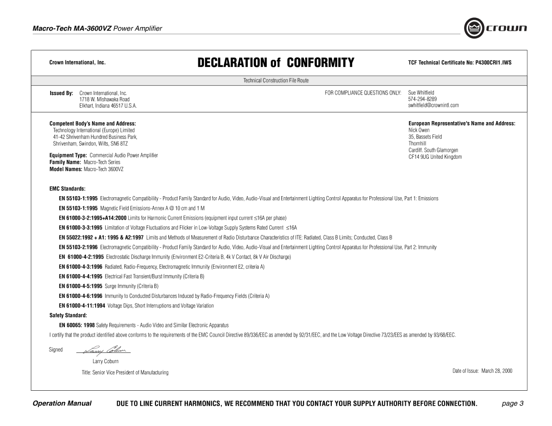 Crown Audio MA-3600VZ Declaration of Conformity, Crown International, Inc, Competent Body’s Name and Address 