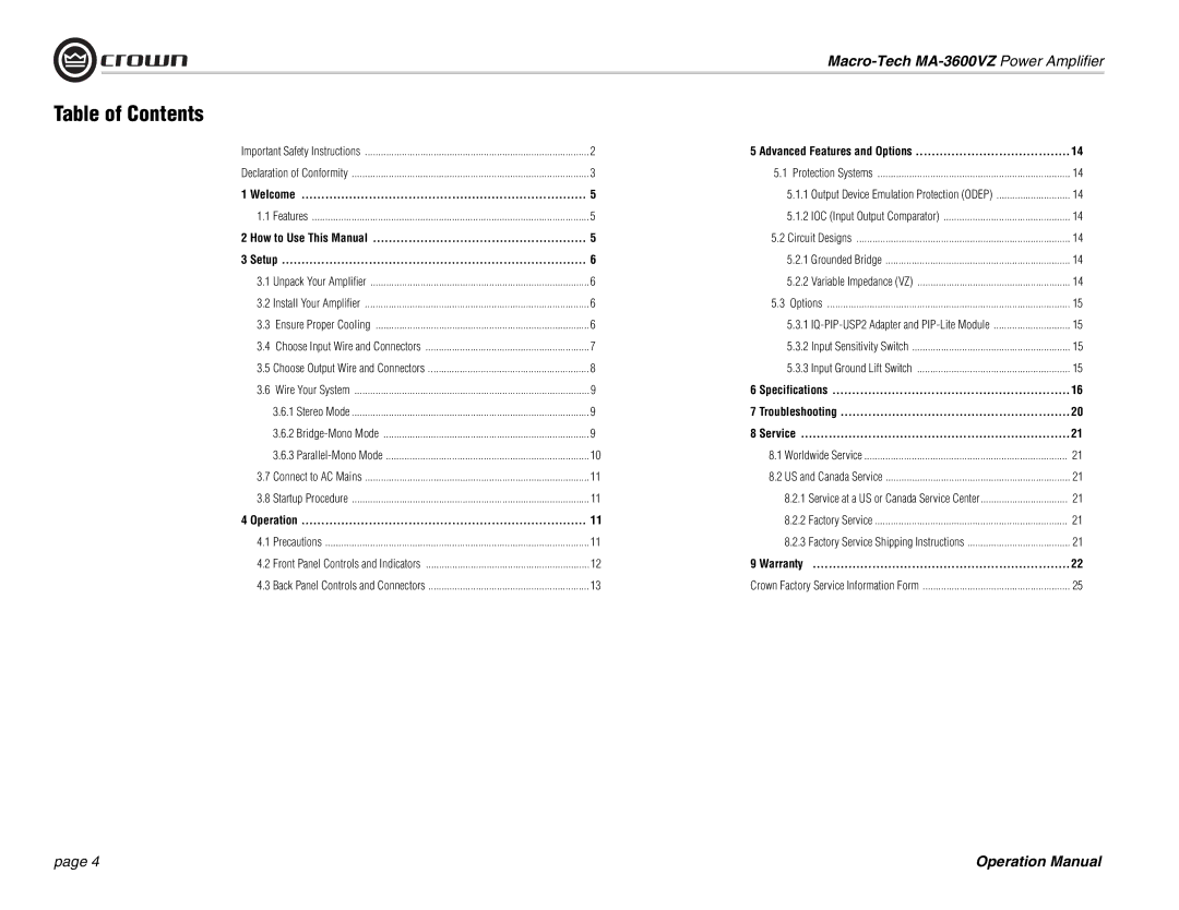 Crown Audio MA-3600VZ operation manual Table of Contents 