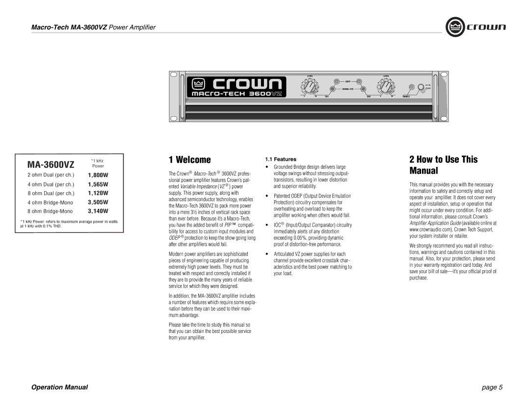 Crown Audio MA-3600VZ operation manual Welcome, How to Use This Manual, Features 