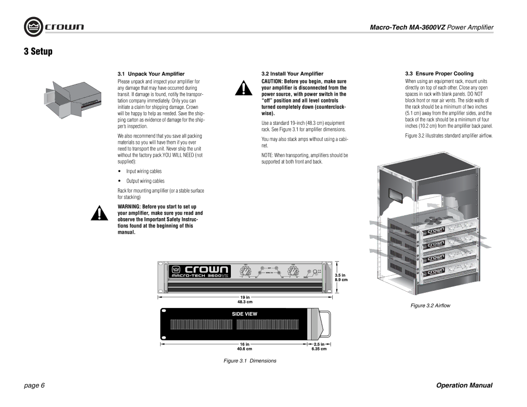 Crown Audio MA-3600VZ operation manual Setup, Unpack Your Amplifier, Install Your Amplifier, Ensure Proper Cooling 