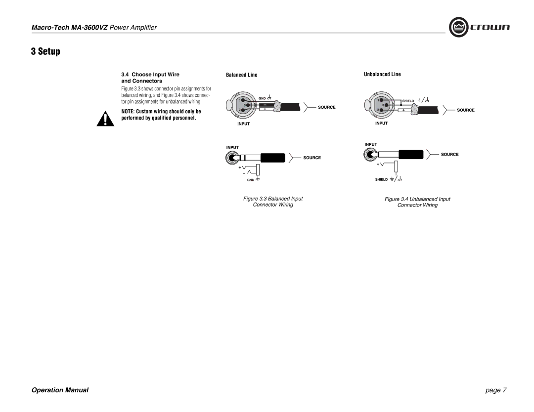 Crown Audio MA-3600VZ operation manual Choose Input Wire Connectors, Balanced Line, Unbalanced Line 