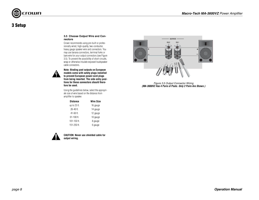 Crown Audio MA-3600VZ operation manual Choose Output Wire and Con- nectors, Output Connector Wiring 