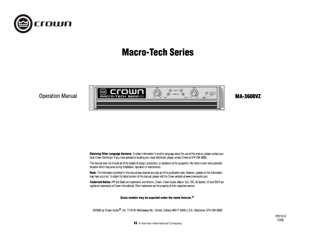 Crown Audio MA-3600VZ operation manual Macro-Tech Series, Some models may be exported under the name Amcron 
