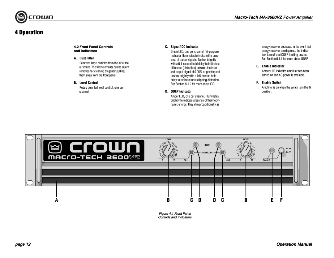 Crown Audio Operation, Macro-Tech MA-3600VZ Power Amplifier, page, Front Panel Controls and Indicators A. Dust Filter 