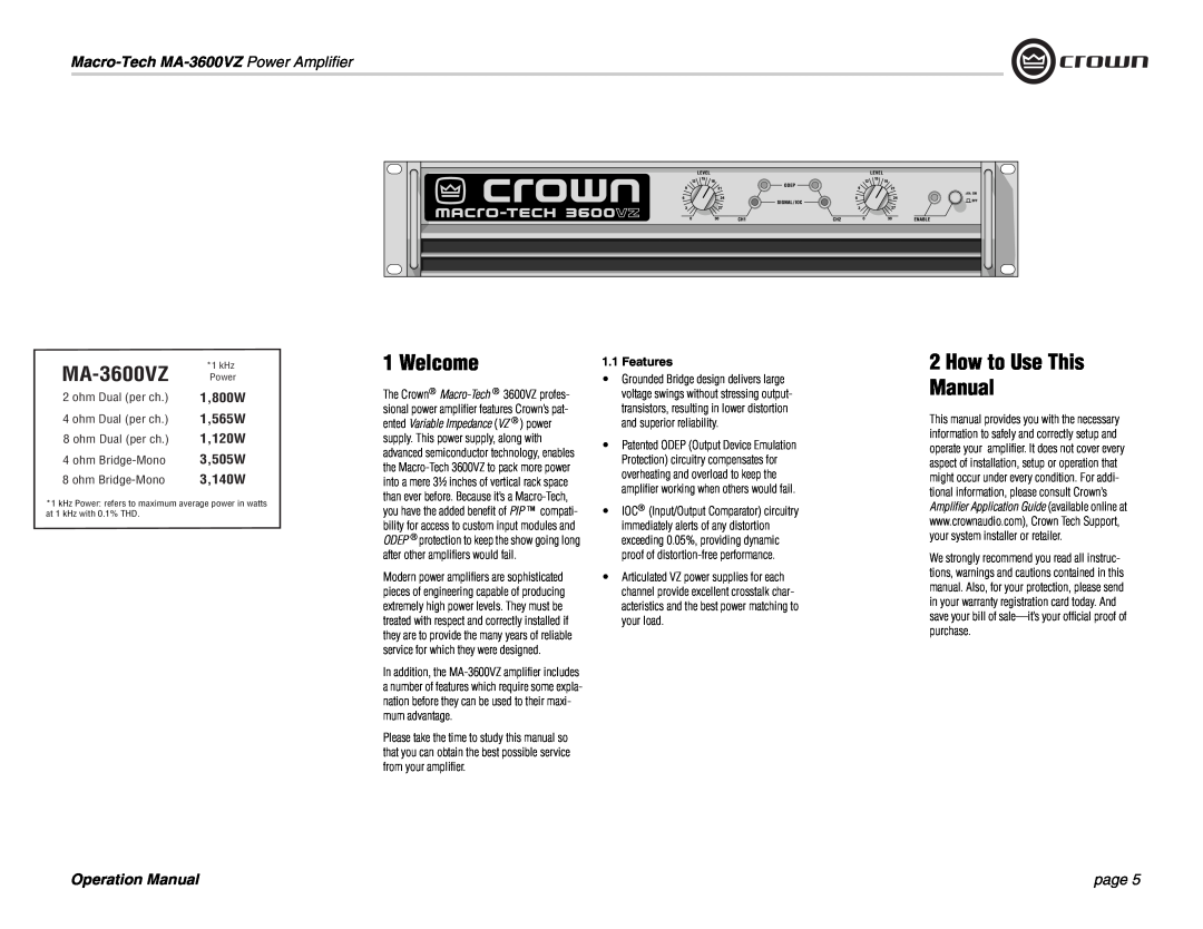 Crown Audio Welcome, How to Use This Manual, Macro-Tech MA-3600VZ Power Amplifier, page, ohm Dual per ch, 1,800W, 1 kHz 