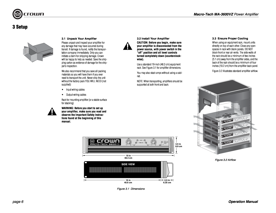 Crown Audio Setup, Macro-Tech MA-3600VZ Power Amplifier, page, Unpack Your Amplifier, Install Your Amplifier, 2 Airflow 