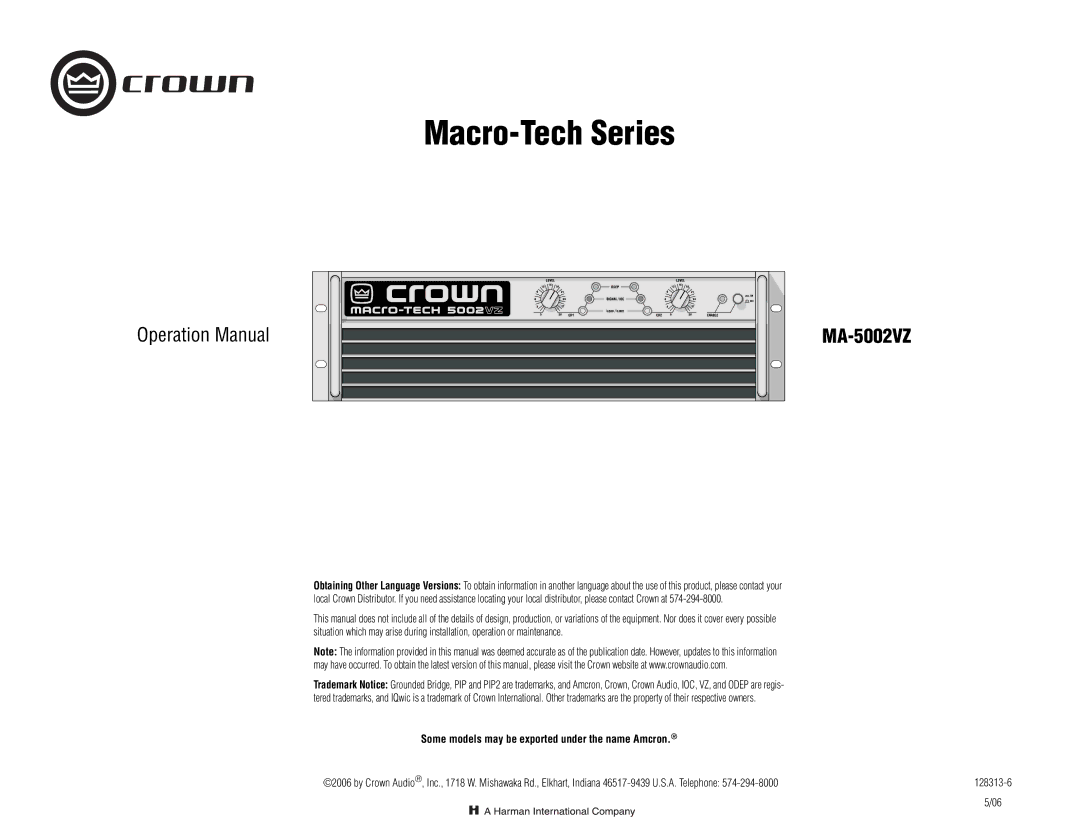 Crown Audio MA-5002VZ operation manual Macro-Tech Series, Some models may be exported under the name Amcron 