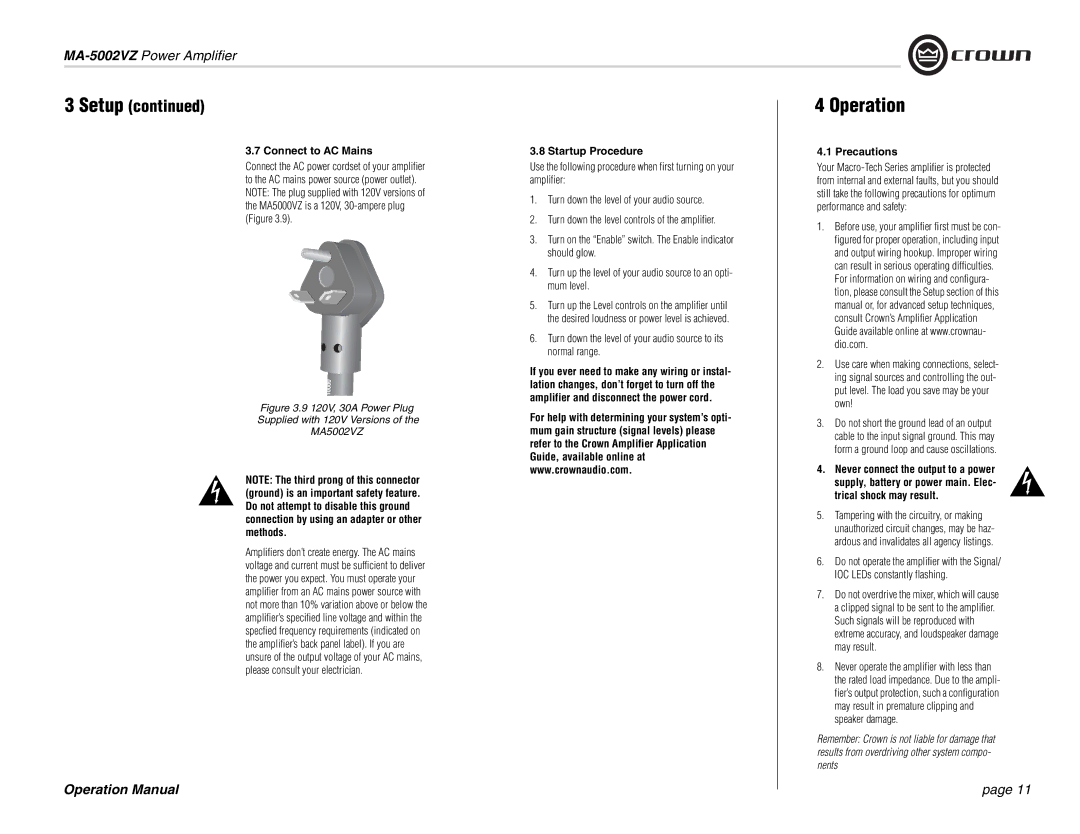 Crown Audio MA-5002VZ operation manual Operation, Connect to AC Mains, Startup Procedure, Precautions 