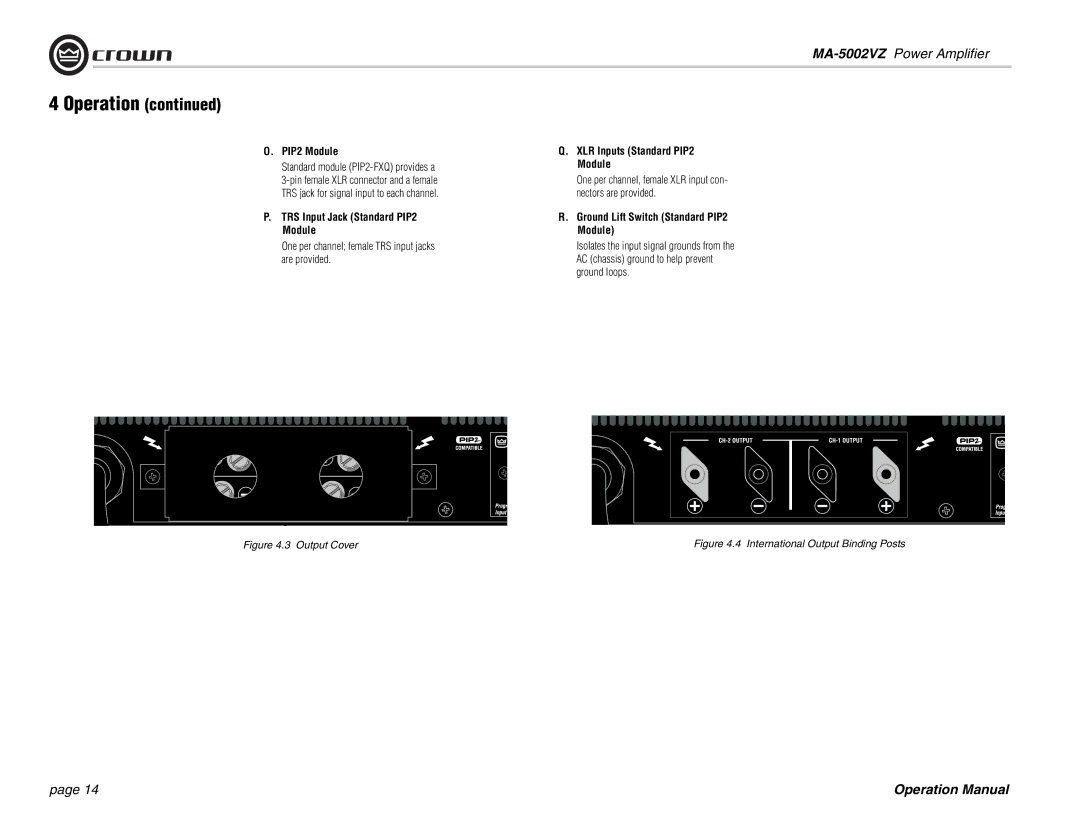 Crown Audio MA-5002VZ operation manual TRS Input Jack Standard PIP2 Module, XLR Inputs Standard PIP2 Module 