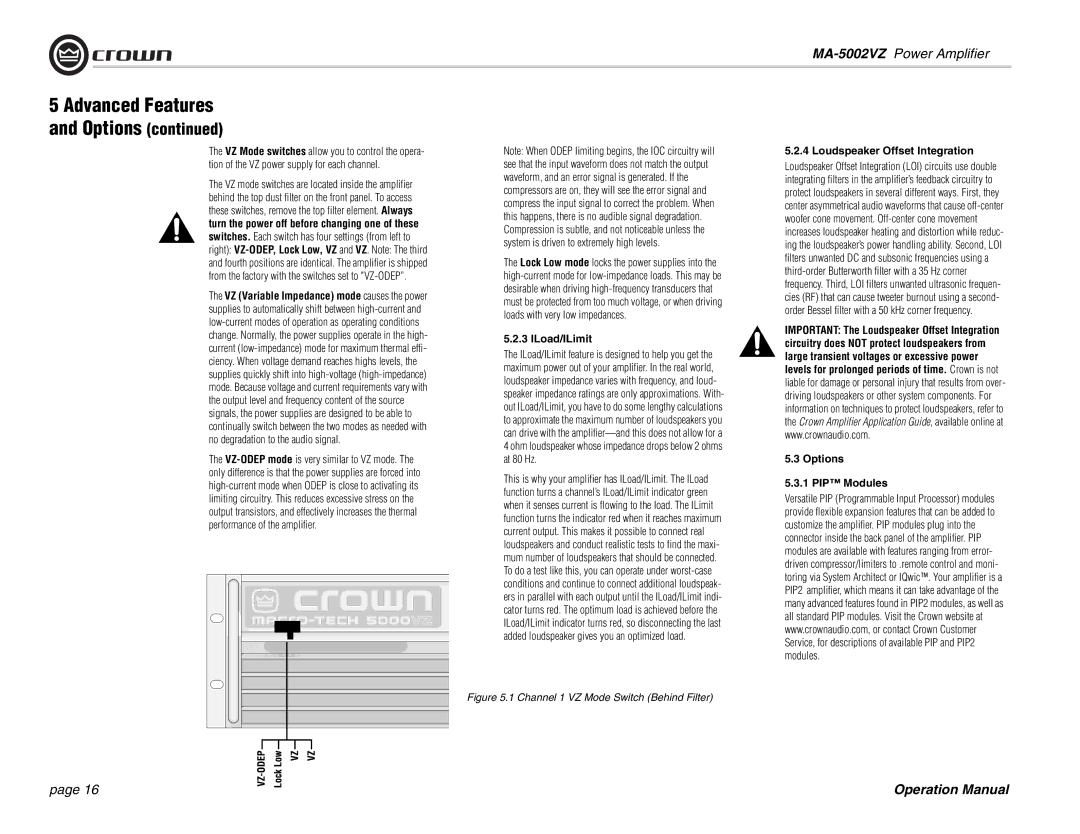 Crown Audio MA-5002VZ operation manual ILoad/ILimit, Loudspeaker Offset Integration, Options PIP Modules 