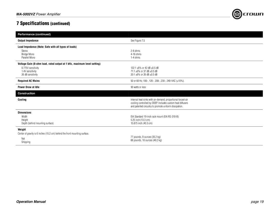 Crown Audio MA-5002VZ Output Impedance, Load Impedance Note Safe with all types of loads, Required AC Mains, Cooling 