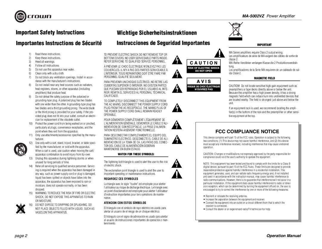 Crown Audio MA-5002VZ operation manual Important Safety Instructions, Importantes Instructions de Sécurité 