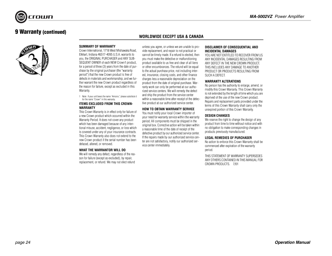 Crown Audio MA-5002VZ operation manual Worldwide Except USA & Canada 