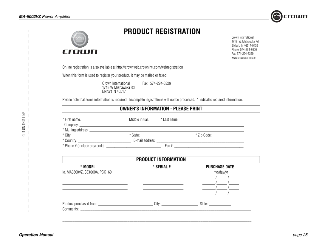 Crown Audio MA-5002VZ operation manual Product Registration 