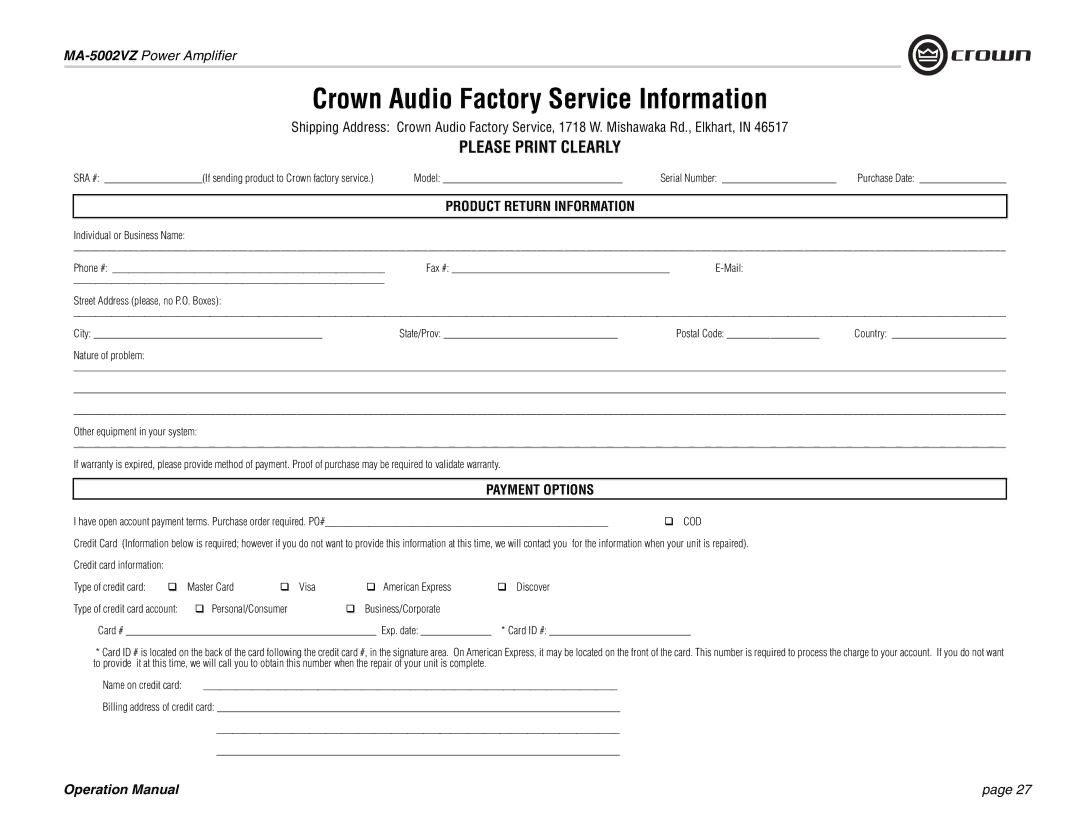 Crown Audio MA-5002VZ operation manual Crown Audio Factory Service Information 