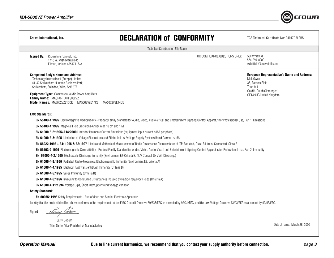 Crown Audio MA-5002VZ operation manual Issued By Crown International, Inc, Sue Whitfield, ≤16A 