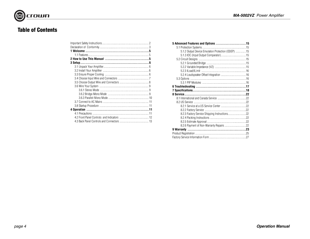 Crown Audio MA-5002VZ operation manual Table of Contents 