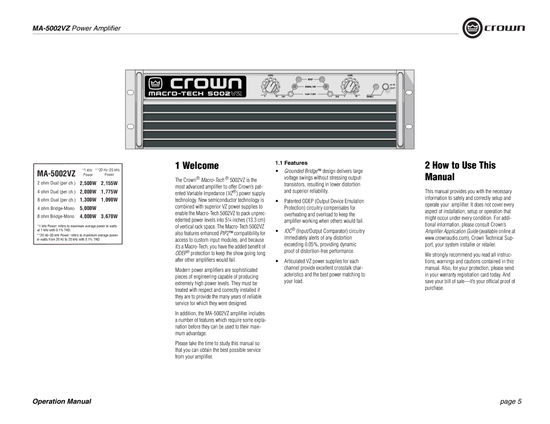 Crown Audio MA-5002VZ operation manual Welcome, How to Use This Manual, Features 