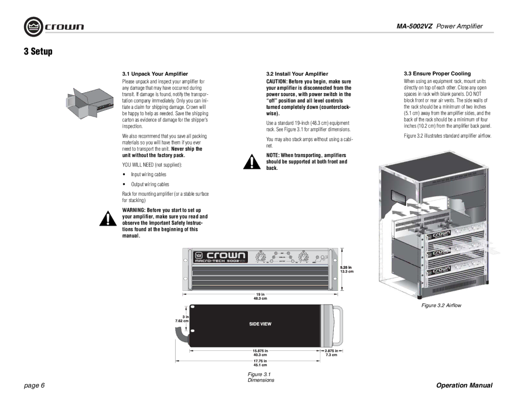 Crown Audio MA-5002VZ operation manual Setup, Unpack Your Amplifier Install Your Amplifier 