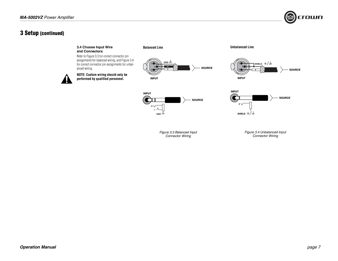 Crown Audio MA-5002VZ operation manual Choose Input Wire Connectors, Unbalanced Line 