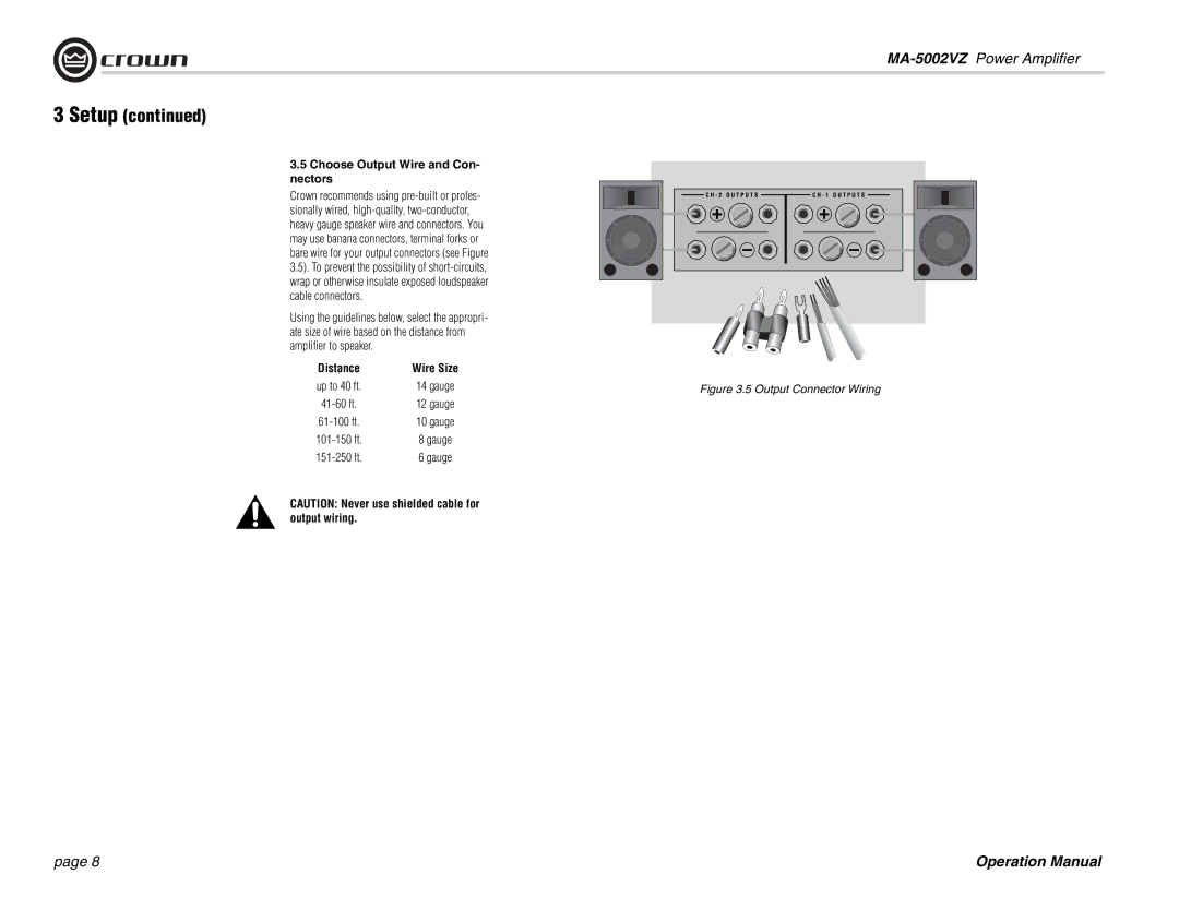 Crown Audio MA-5002VZ operation manual Choose Output Wire and Con- nectors, Output Connector Wiring 